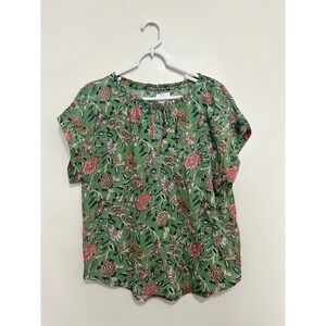 Xirena Green Floral Cotton Gauze Split Tie Neck Blouse X18542 Womens Medium